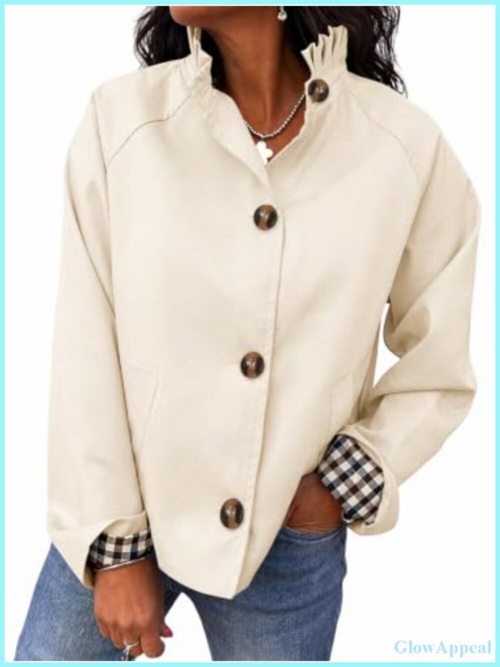 Women's Ruffle Short Trench Coat Single Breasted Cropped Jacket Lightweight